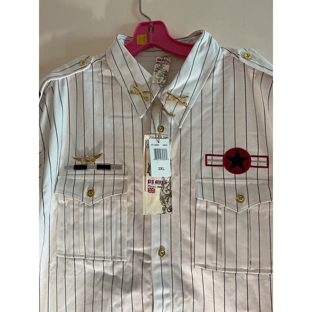 Vintage‎ Y2K PJ MARK Men's 3XL White Pinstripe Military Style Shirt with Patches - Picture 3 of 9